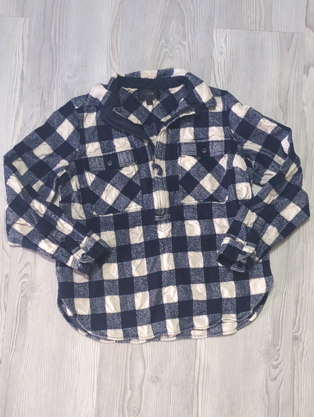 J.Crew Buffalo Check Shirt Jacket M Navy Ivory Wool Blend Half Zip Shacket